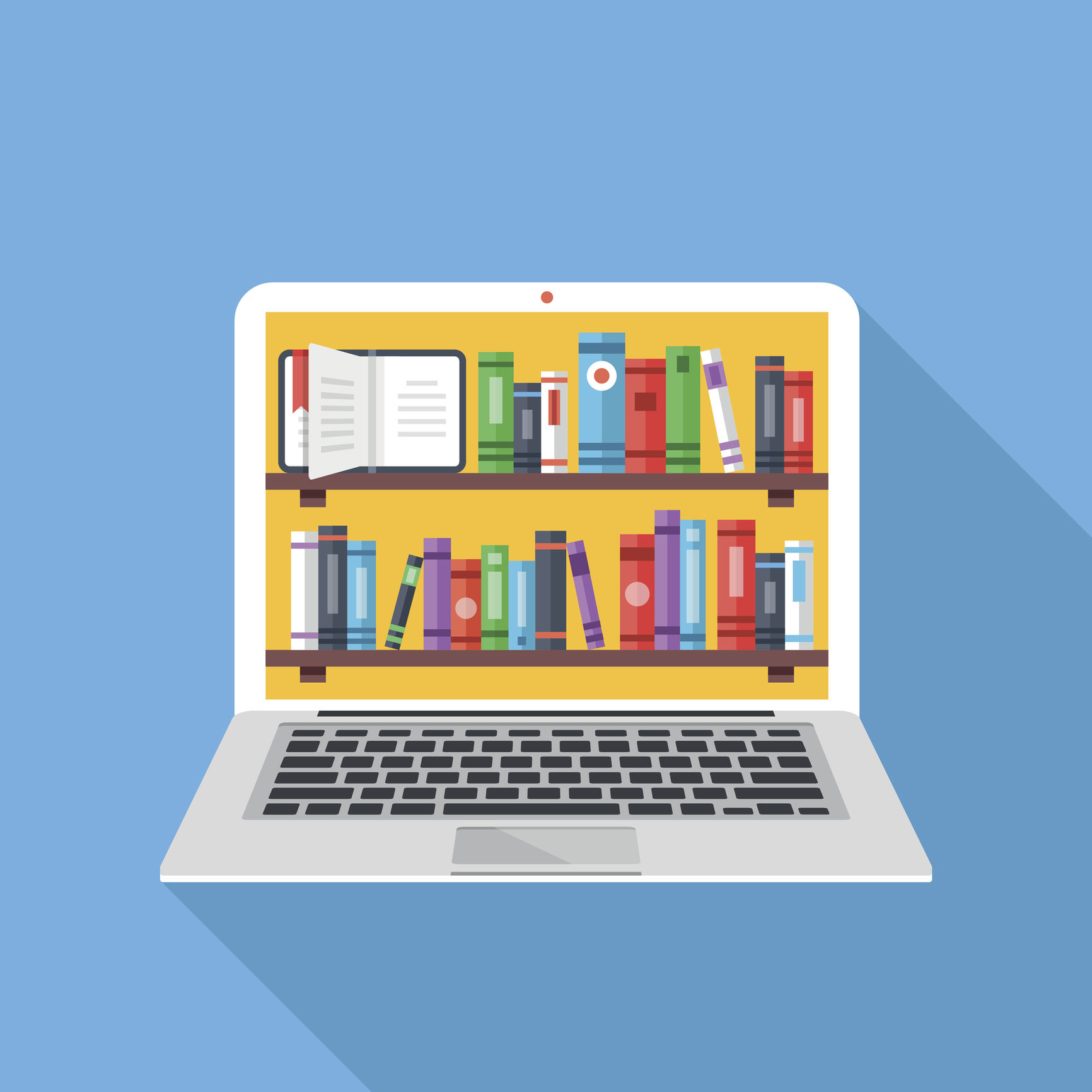 Bookshelves with books on laptop screen. Online digital library. Modern concepts for web sites, web banners, printed materials. Creative flat design vector illustration