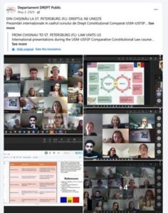 Illustration 1: Images of the students’ presentations during the international videoconference that were included in the State University of Moldova’s Law Faculty facebook page. 